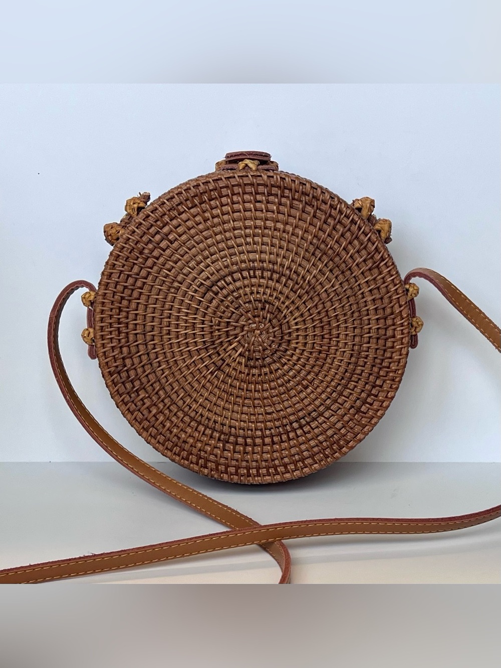 La Regale Boho Round Woven Brown Tan Rattan Crossbody Bag